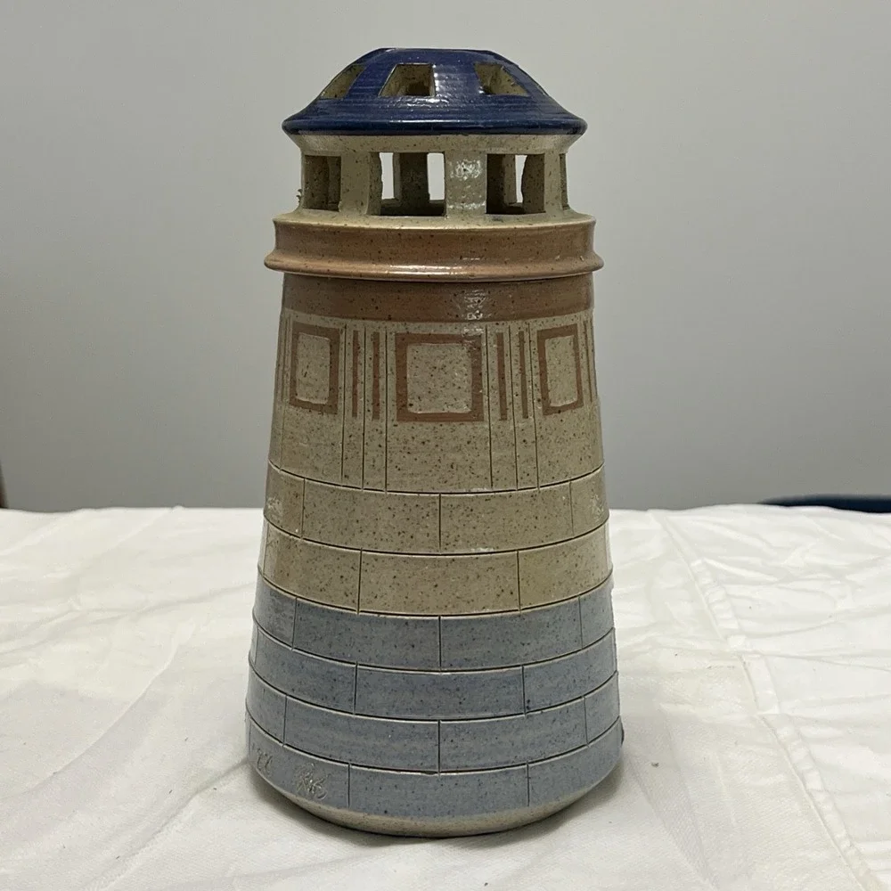 Vtg Gills Rock Stoneware Handcrafted Lighthouse Oil Lamp Candle Holder Coastal